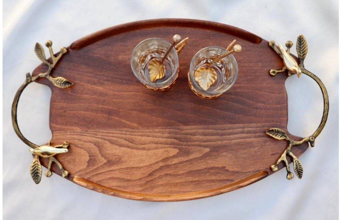 سینی چوبی بیضی بزرگ دسته پرنده